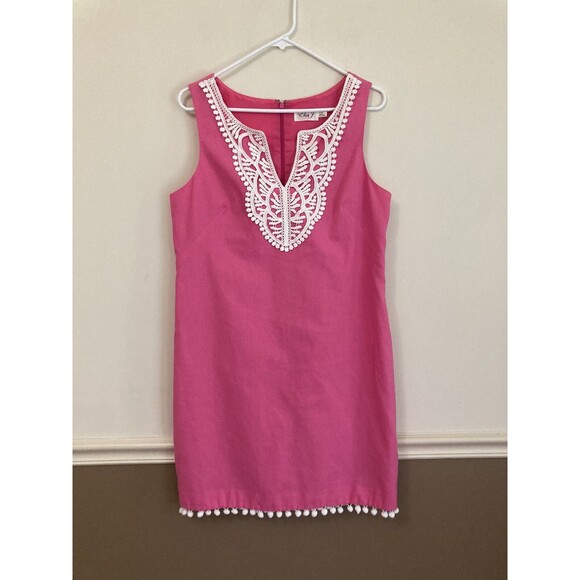 Eliza J Dress Sz 10 Pink Linen White Crochet Tassels - Picture 1 of 11